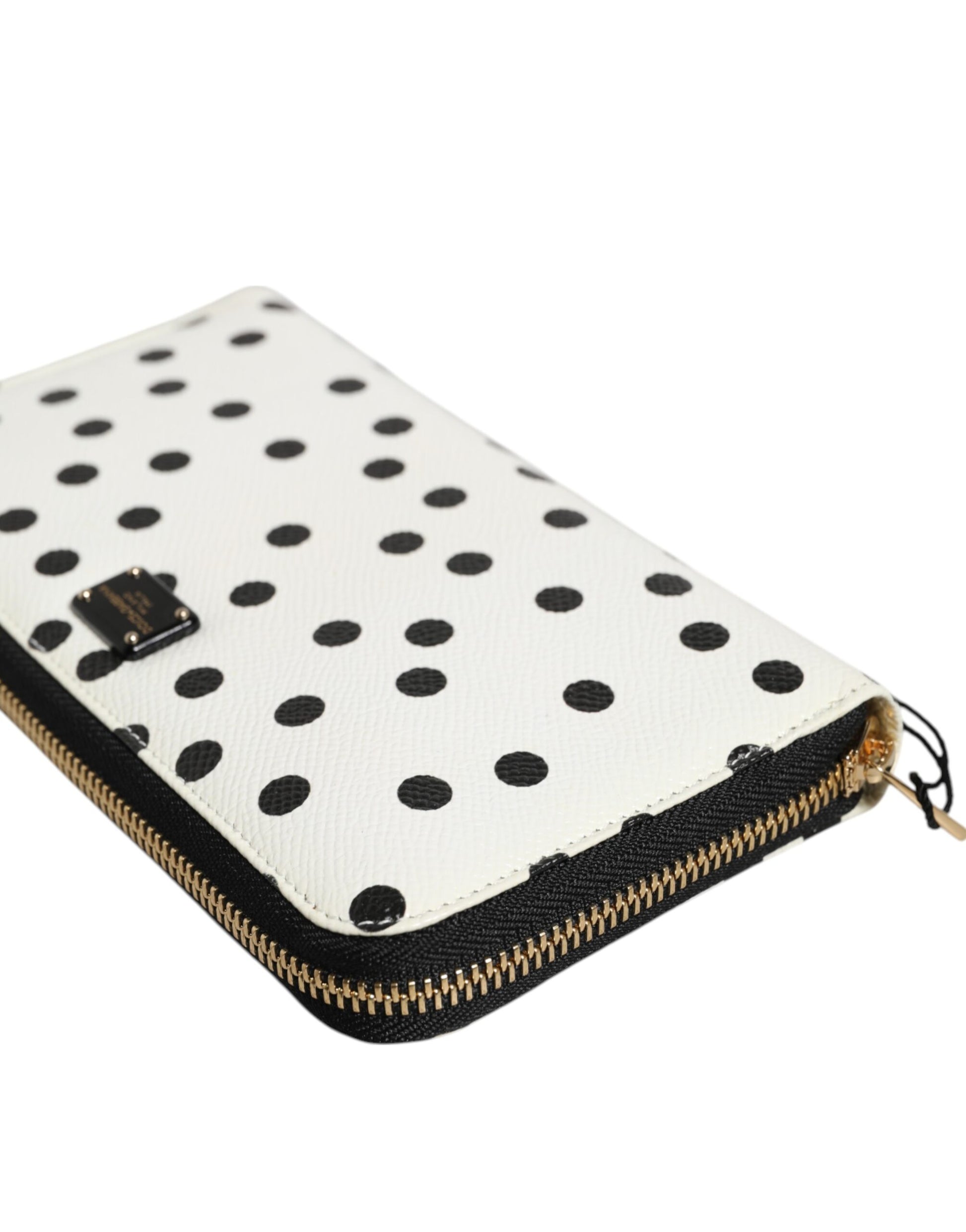 Dolce & Gabbana White & Black Polka Dot Leather Zip Around Continental Wallet