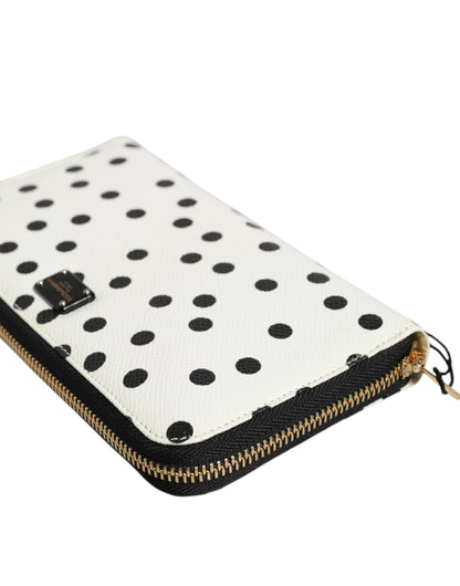 Dolce & Gabbana White & Black Polka Dot Leather Zip Around Continental Wallet