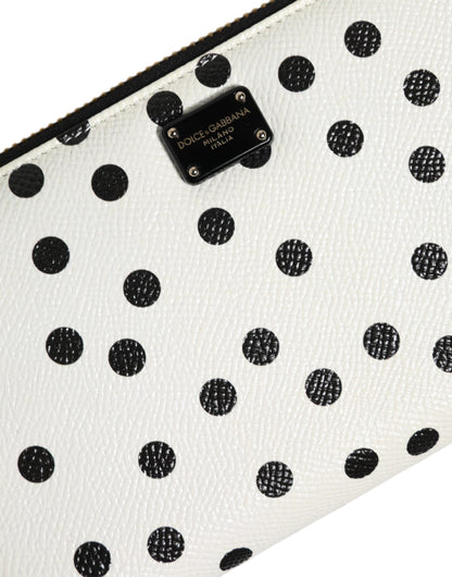 Dolce & Gabbana White & Black Polka Dot Leather Zip Around Continental Wallet