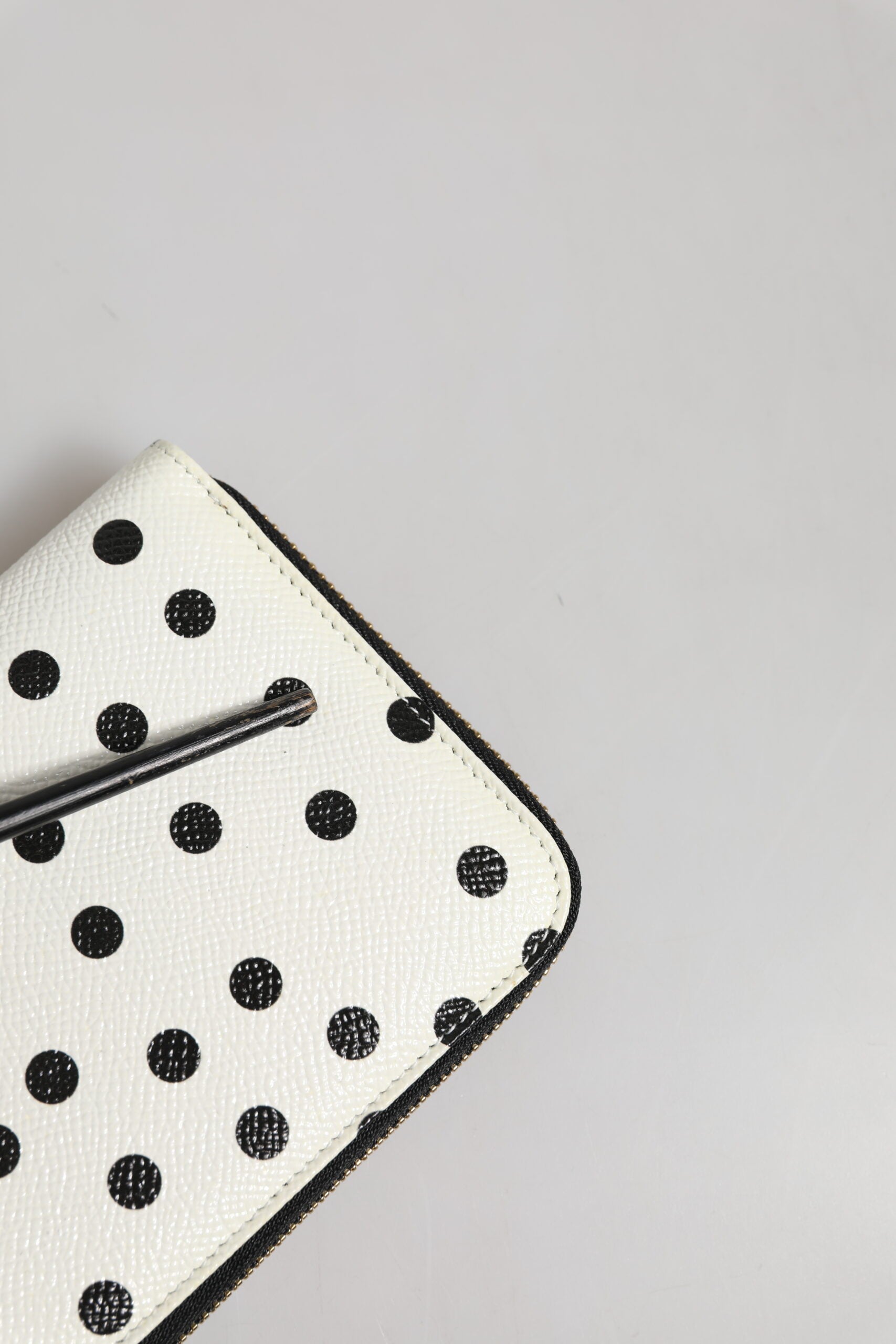Dolce & Gabbana White & Black Polka Dot Leather Zip Around Continental Wallet