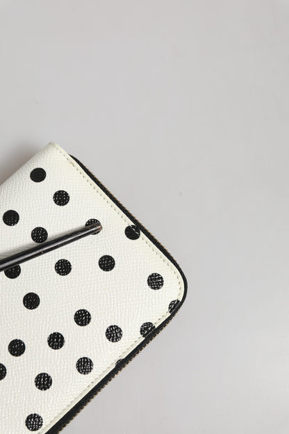Dolce & Gabbana White & Black Polka Dot Leather Zip Around Continental Wallet