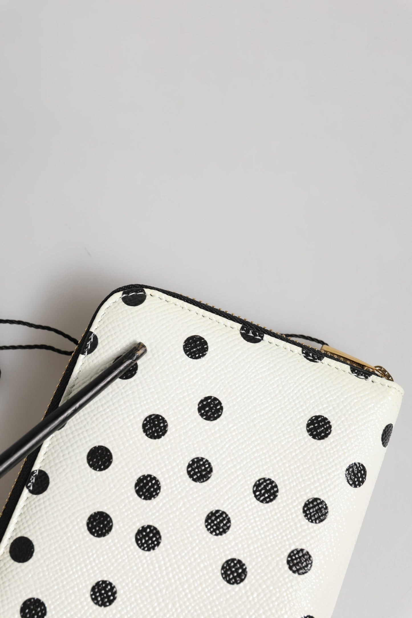 Dolce & Gabbana White & Black Polka Dot Leather Zip Around Continental Wallet