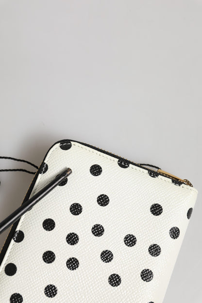 Dolce & Gabbana White & Black Polka Dot Leather Zip Around Continental Wallet
