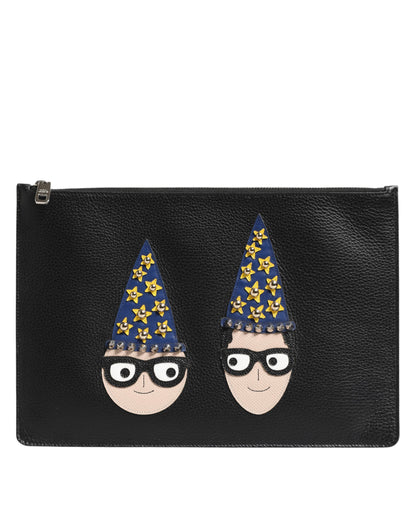 Dolce & Gabbana Black Leather #DGFAMILY Embellished Clutch Pouch Bag