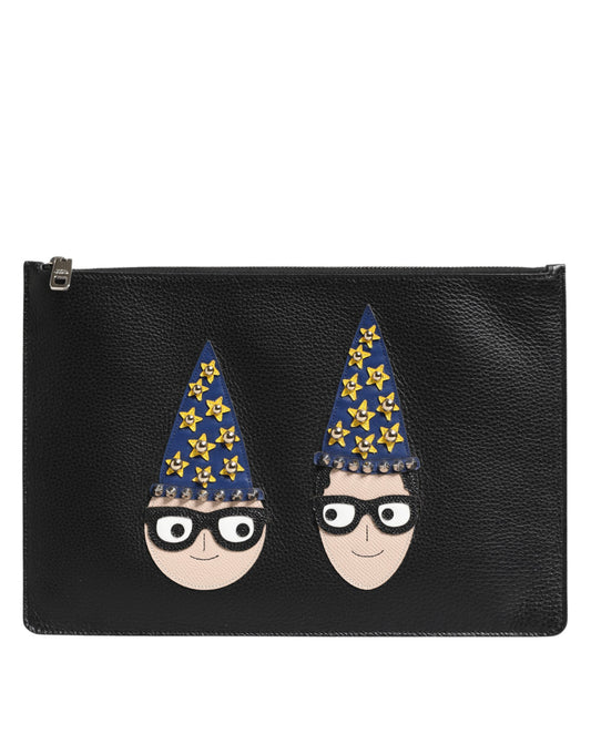 Dolce & Gabbana Black Leather #DGFAMILY Embellished Clutch Pouch Bag