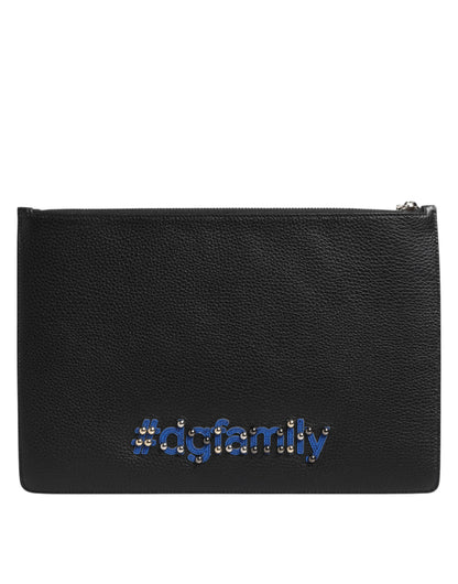 Dolce & Gabbana Black Leather #DGFAMILY Embellished Clutch Pouch Bag