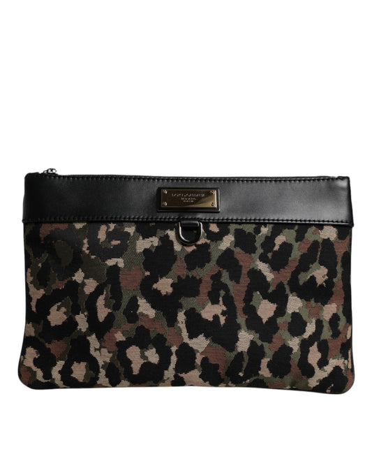 Dolce & Gabbana Camo Leopard Print Jacquard Logo Plaque Pouch Bag