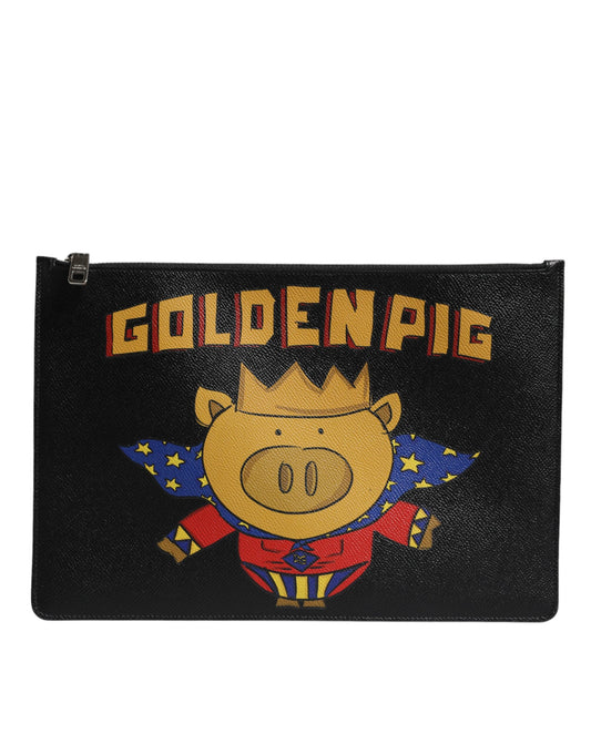 Dolce & Gabbana Black Leather Golden Pig Print Men Clutch Pouch Bag