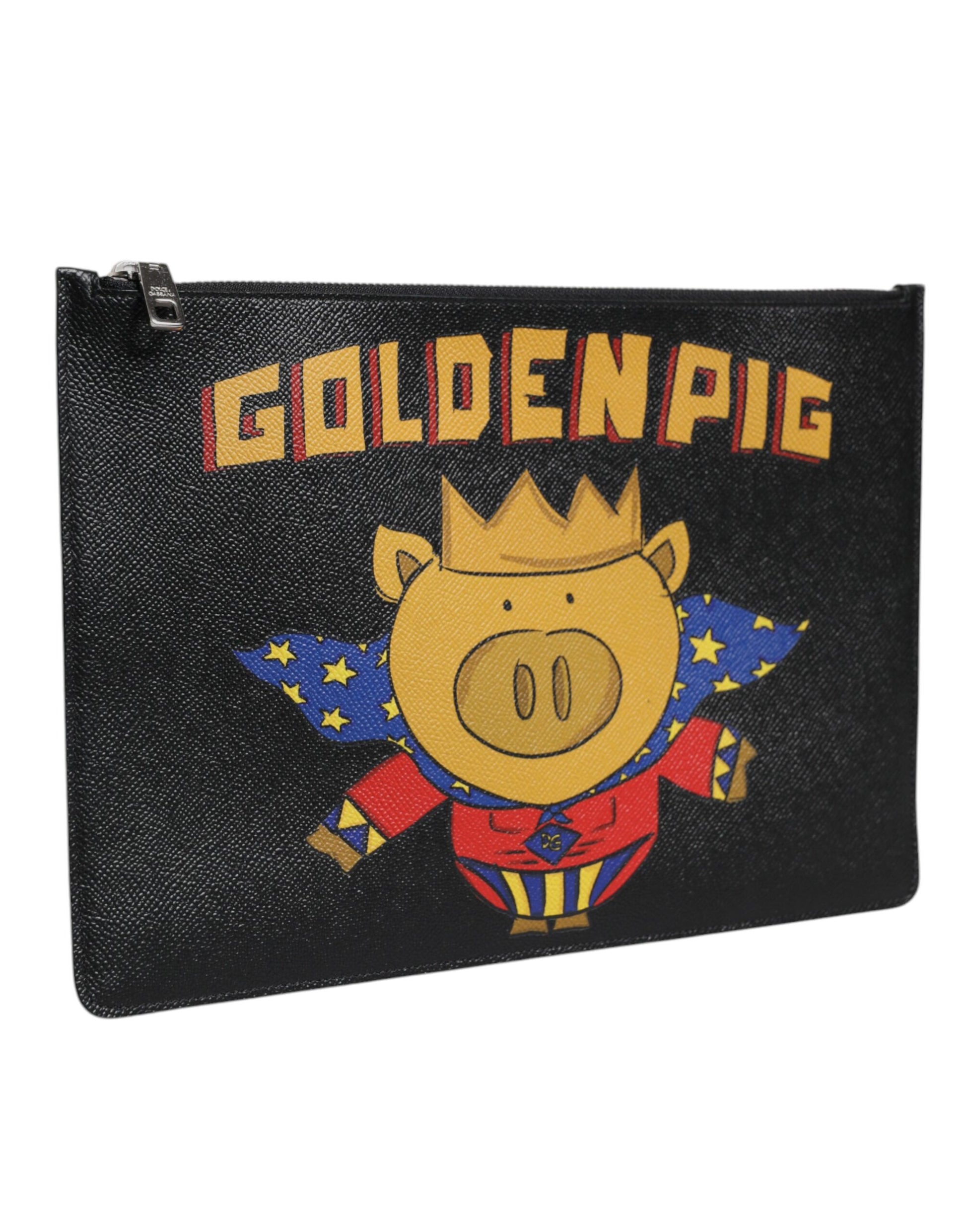 Dolce & Gabbana Black Leather Golden Pig Print Men Clutch Pouch Bag