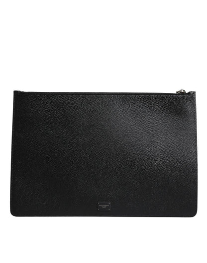 Dolce & Gabbana Black Leather Golden Pig Print Men Clutch Pouch Bag