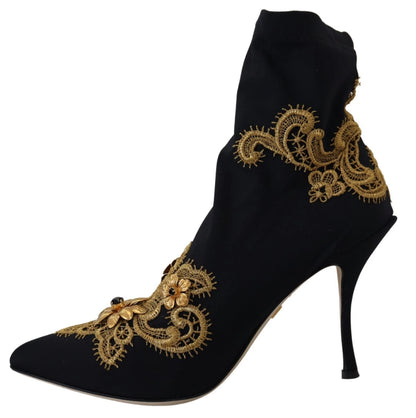 Dolce & Gabbana Black Gold Embroidery Crystal Boots