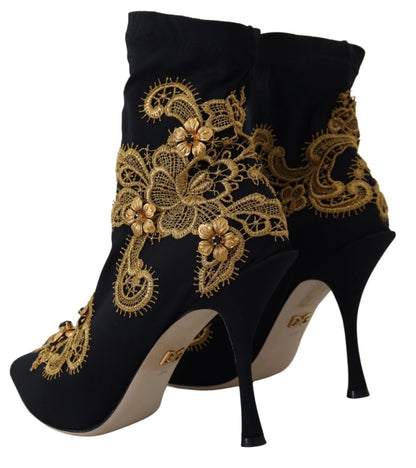 Dolce & Gabbana Black Gold Embroidery Crystal Boots