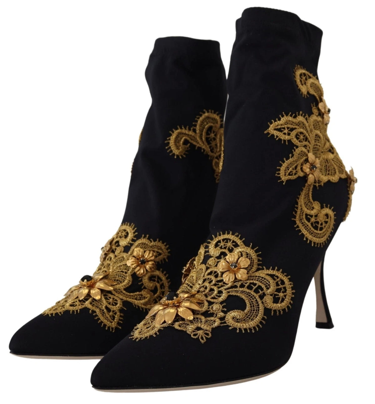 Dolce & Gabbana Black Gold Embroidery Crystal Boots