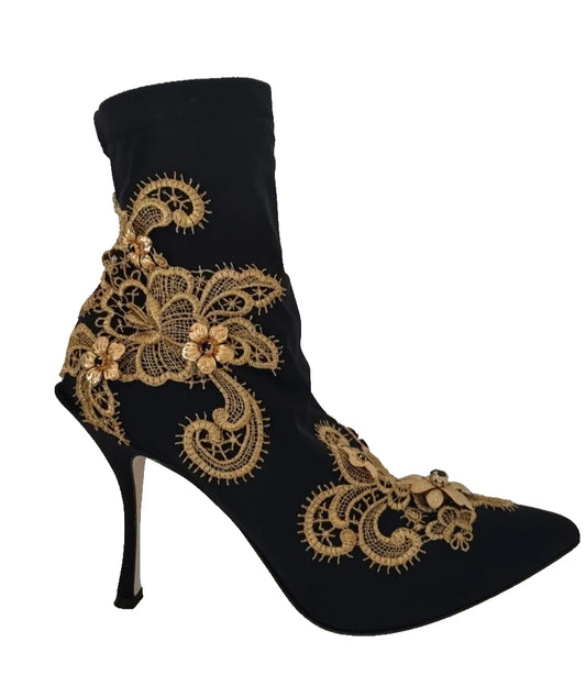 Dolce & Gabbana Black Gold Embroidery Crystal Boots