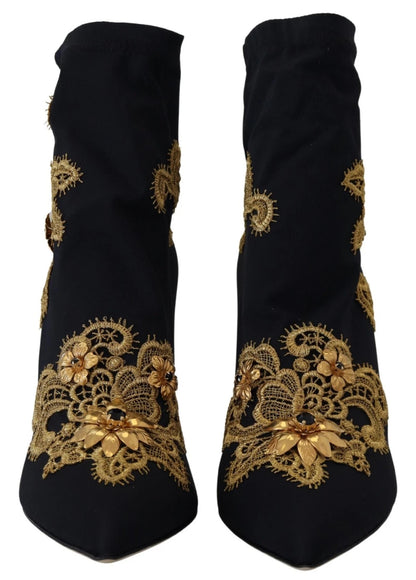 Dolce & Gabbana Black Gold Embroidery Crystal Boots