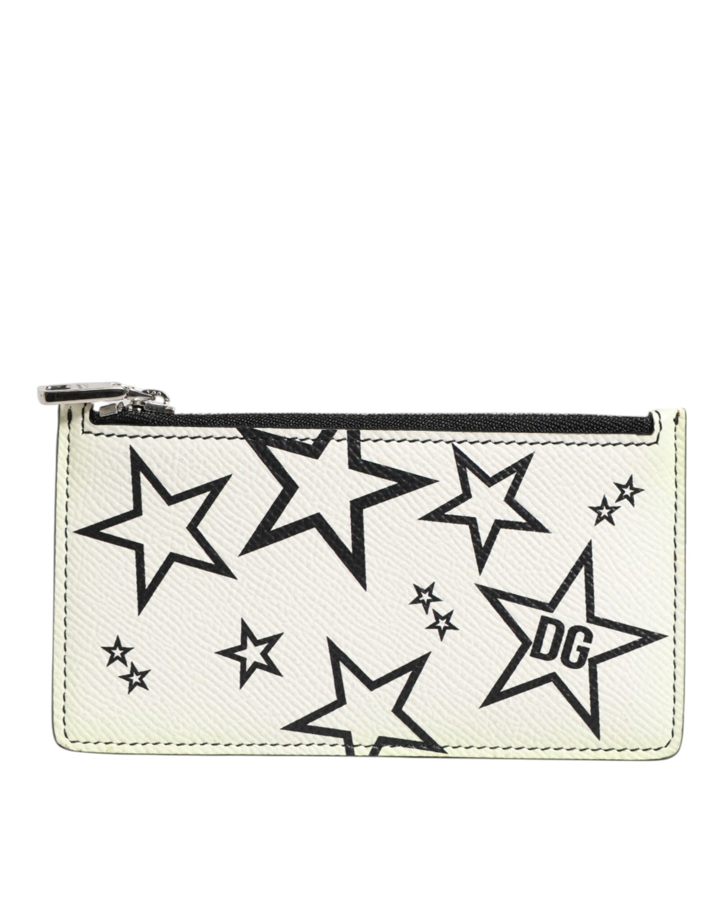 Dolce & Gabbana White Dauphine Leather DG Logo Star Print Card Holder Wallet