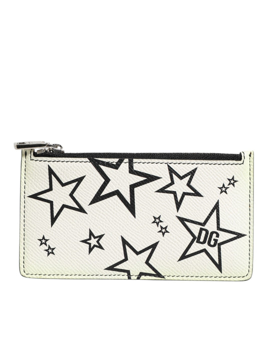 Dolce & Gabbana White Dauphine Leather DG Logo Star Print Card Holder Wallet