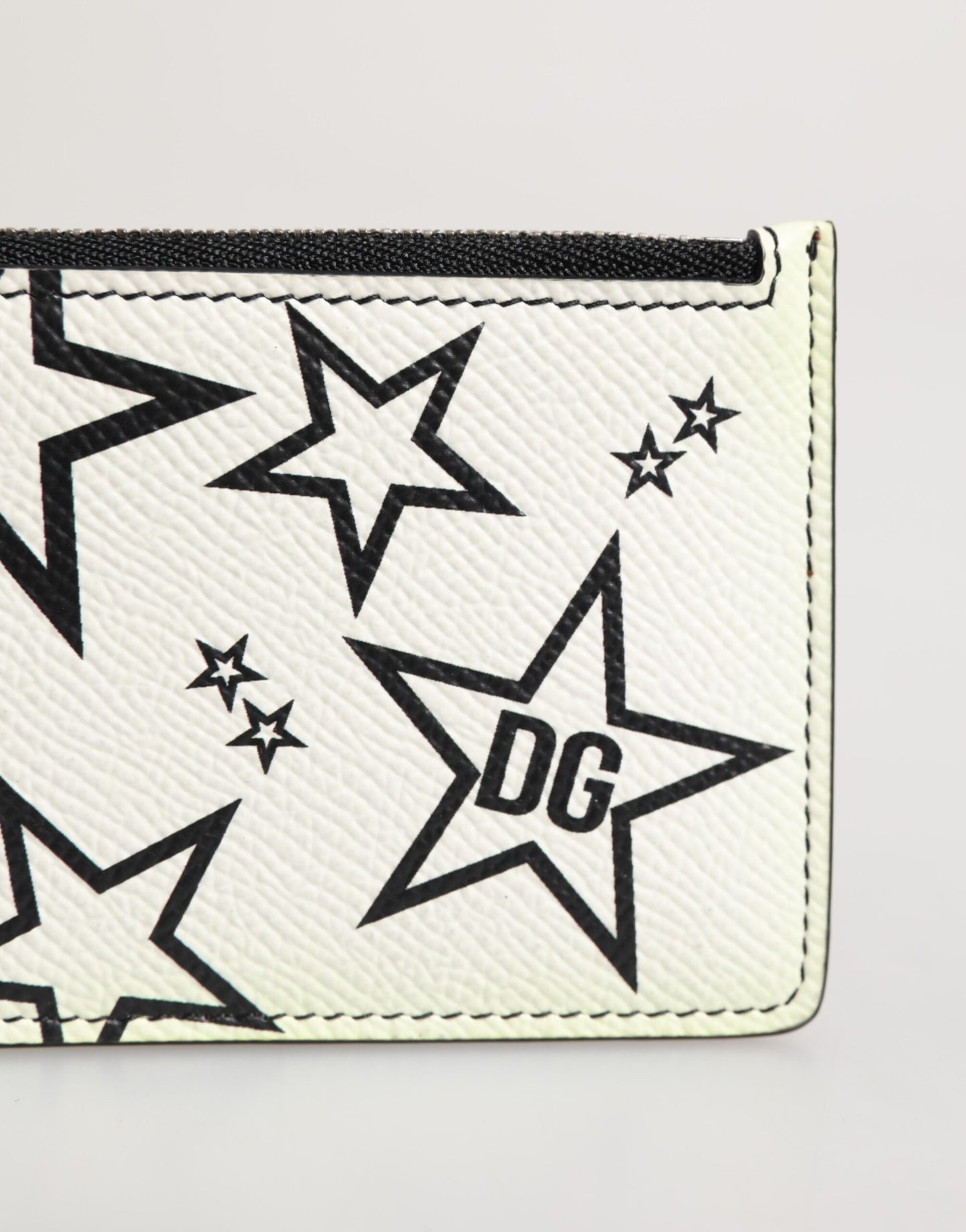 Dolce & Gabbana White Dauphine Leather DG Logo Star Print Card Holder Wallet