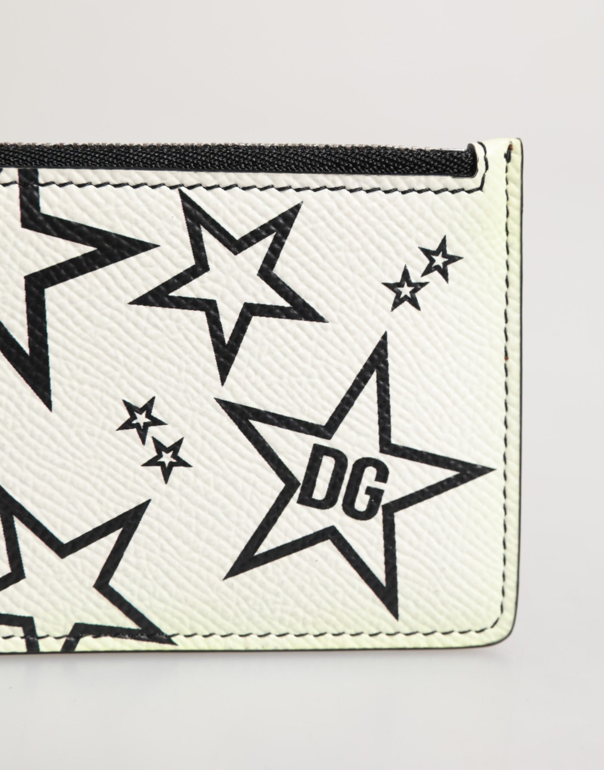 Dolce & Gabbana White Dauphine Leather DG Logo Star Print Card Holder Wallet