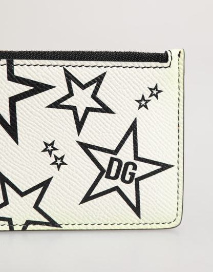 Dolce & Gabbana White Dauphine Leather DG Logo Star Print Card Holder Wallet