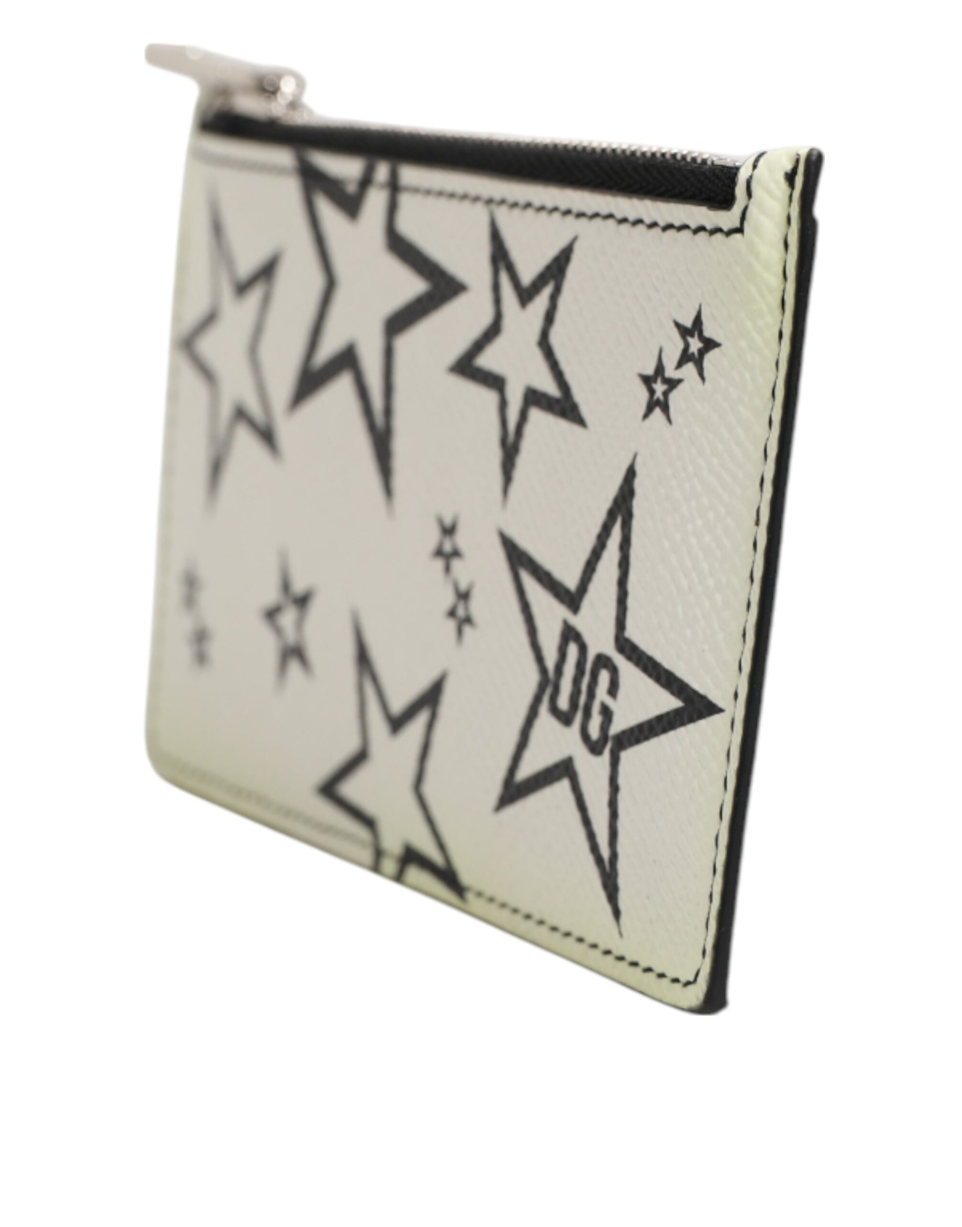 Dolce & Gabbana White Dauphine Leather DG Logo Star Print Card Holder Wallet