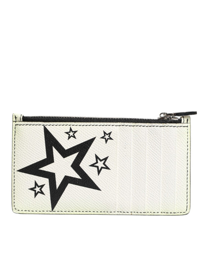 Dolce & Gabbana White Dauphine Leather DG Logo Star Print Card Holder Wallet