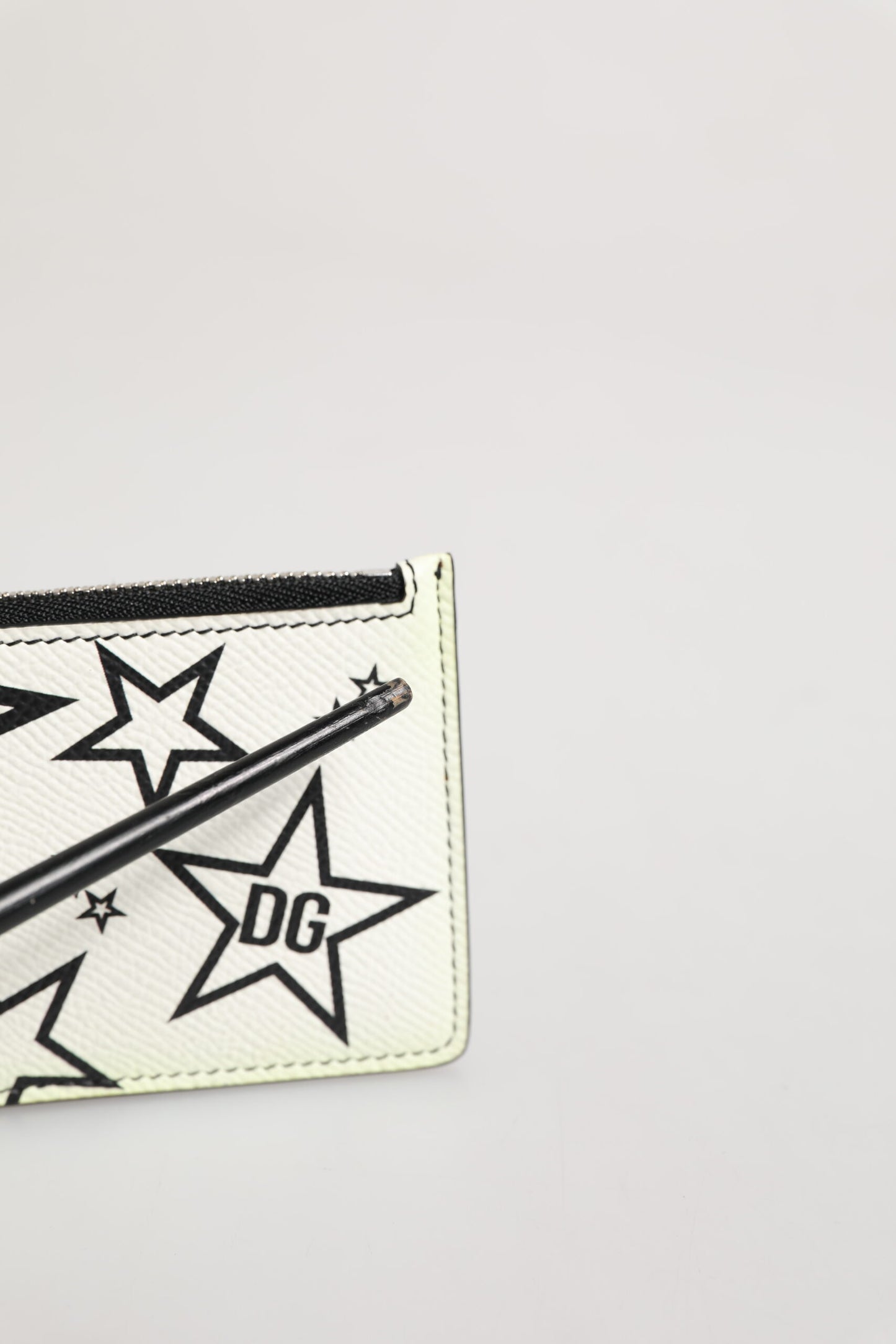 Dolce & Gabbana White Dauphine Leather DG Logo Star Print Card Holder Wallet