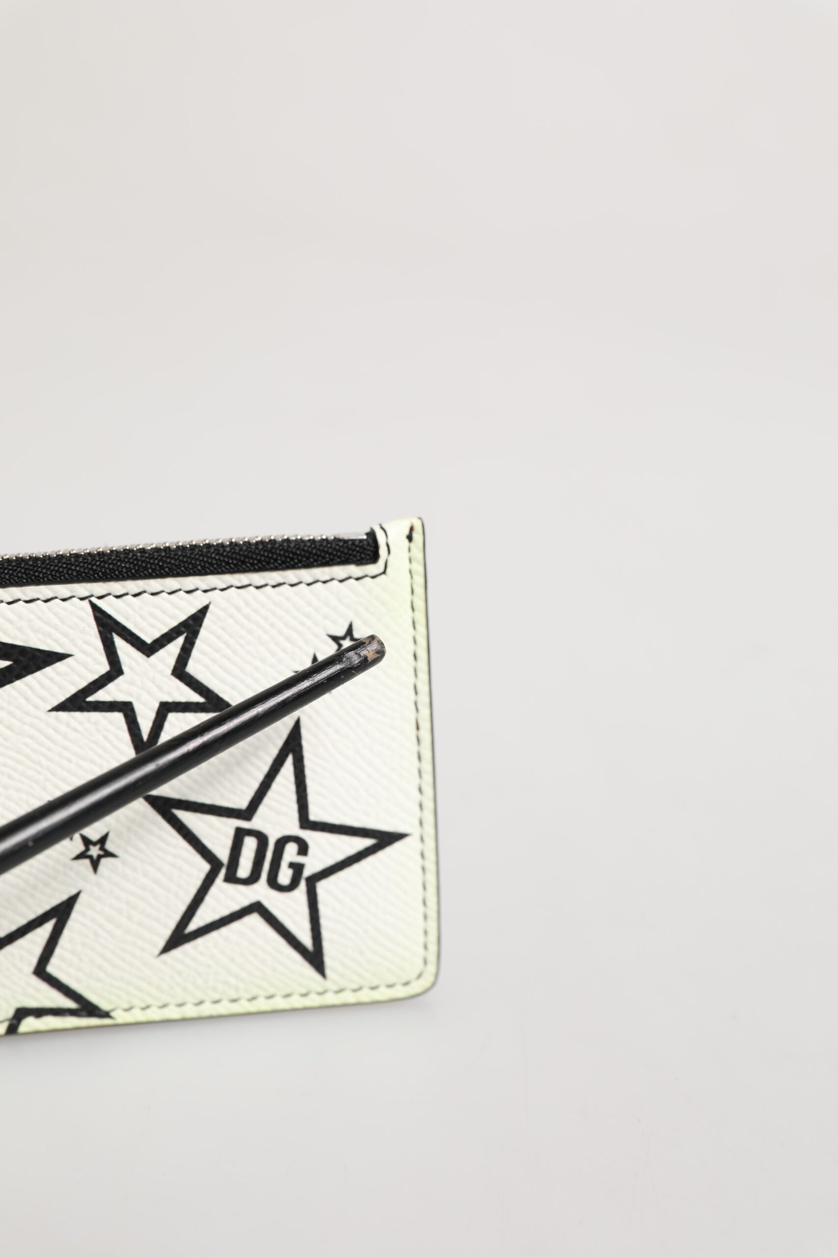 Dolce & Gabbana White Dauphine Leather DG Logo Star Print Card Holder Wallet