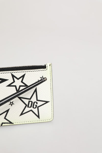 Dolce & Gabbana White Dauphine Leather DG Logo Star Print Card Holder Wallet