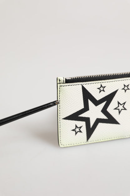 Dolce & Gabbana White Dauphine Leather DG Logo Star Print Card Holder Wallet