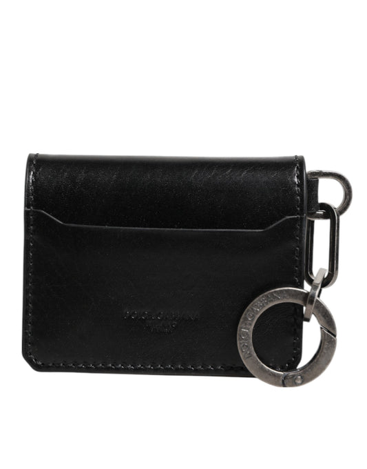 Dolce & Gabbana Black Leather Logo Embossed Key Chain Card Holder Wallet