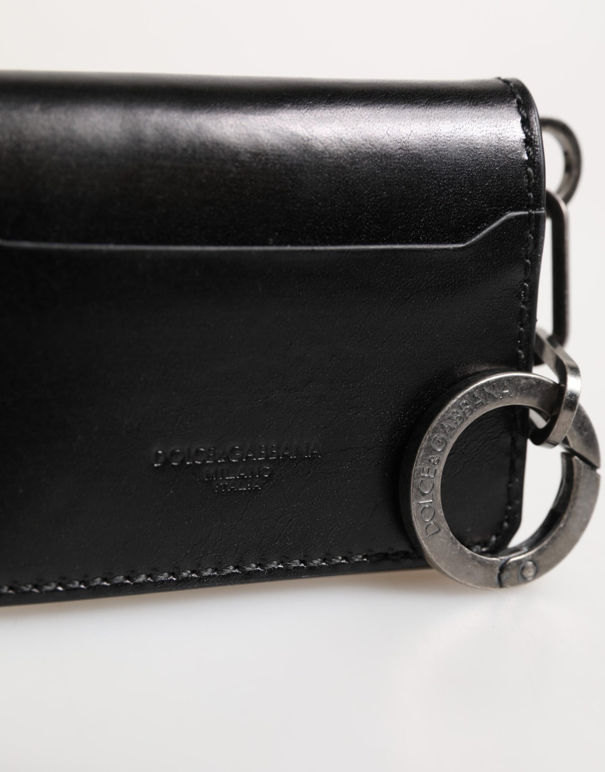 Dolce & Gabbana Black Leather Logo Embossed Key Chain Card Holder Wallet