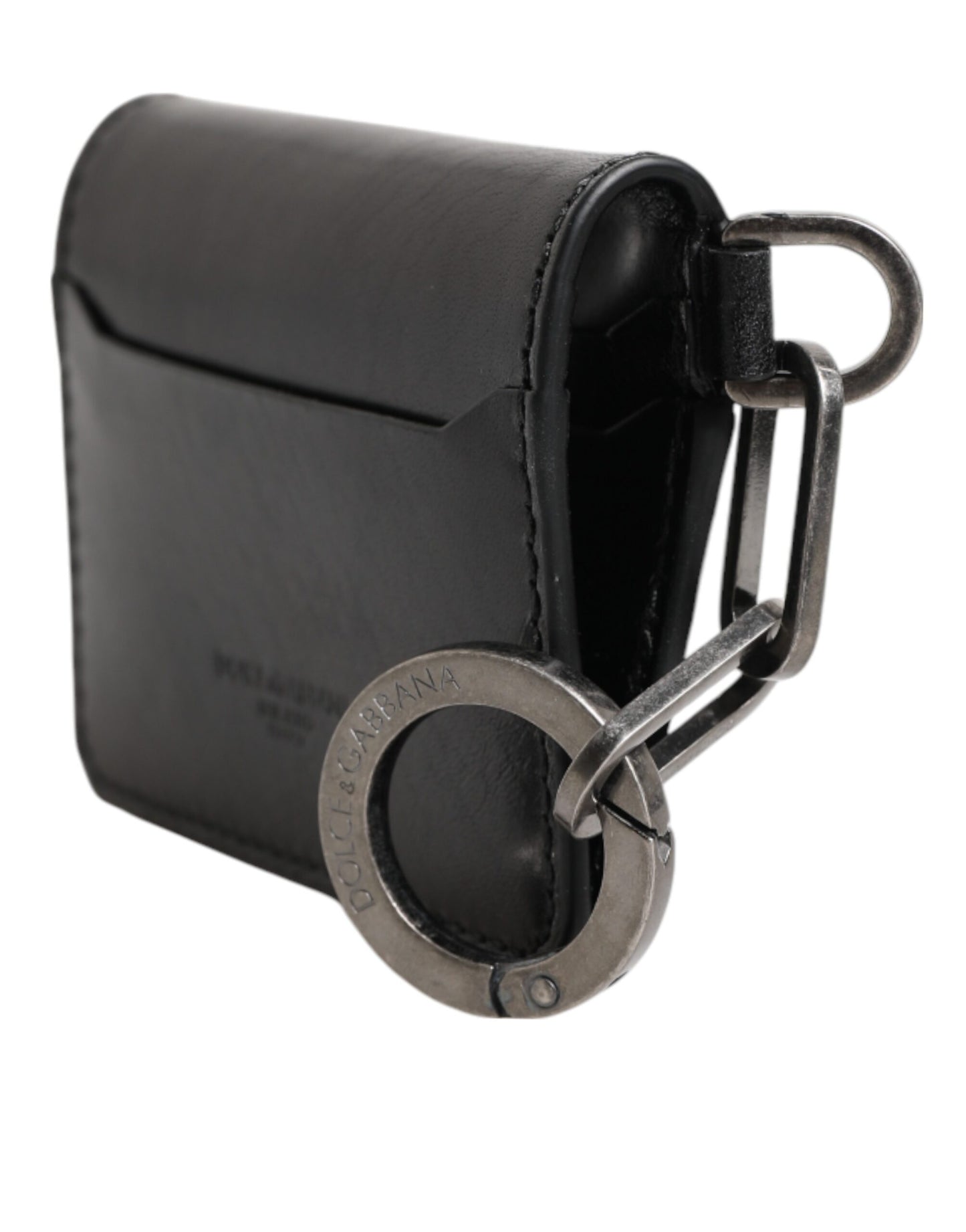 Dolce & Gabbana Black Leather Logo Embossed Key Chain Card Holder Wallet