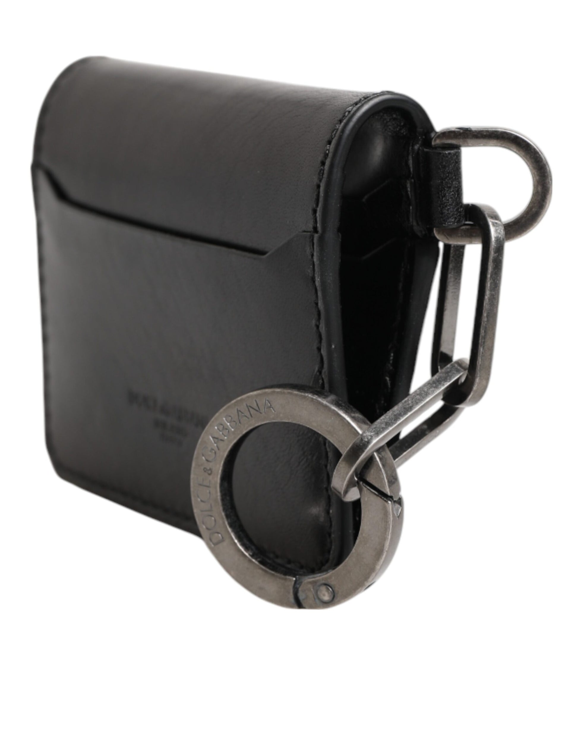 Dolce & Gabbana Black Leather Logo Embossed Key Chain Card Holder Wallet