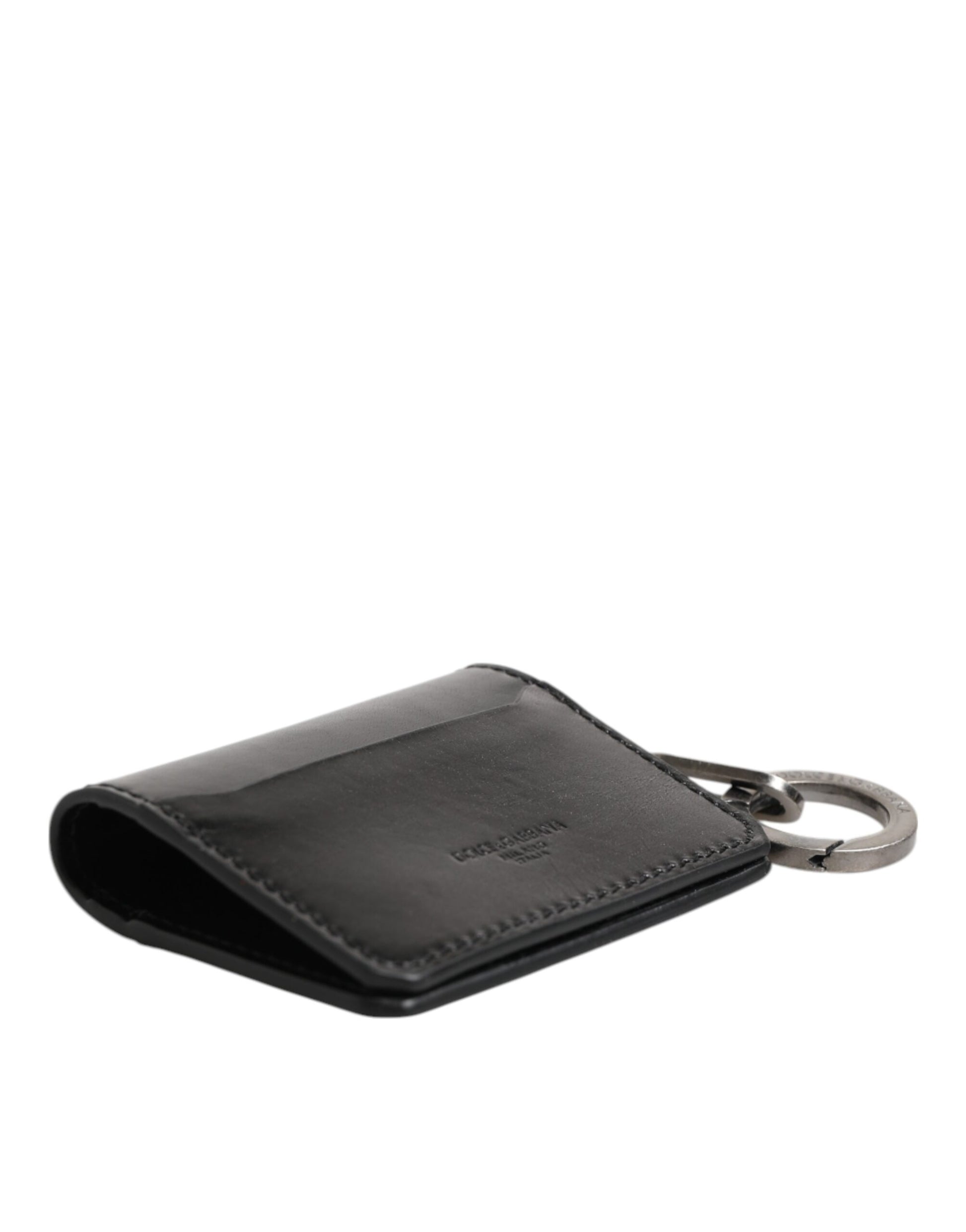 Dolce & Gabbana Black Leather Logo Embossed Key Chain Card Holder Wallet