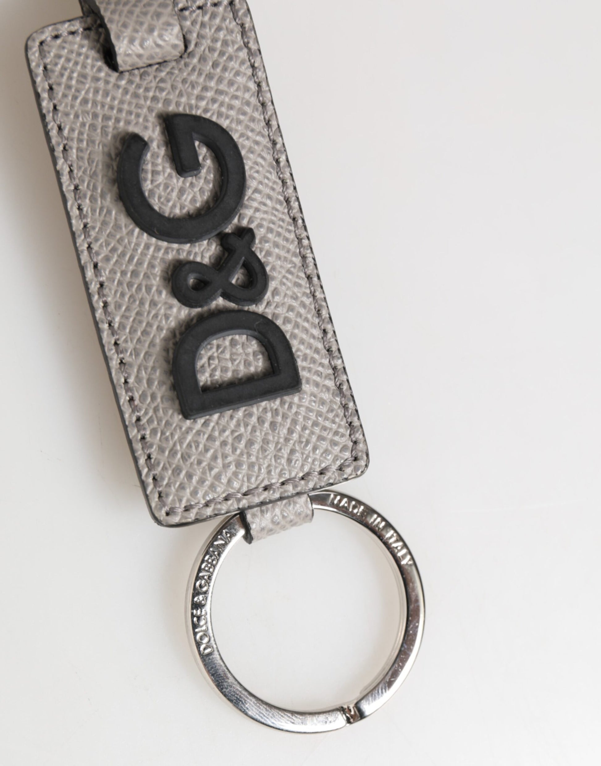 Dolce & Gabbana Gray Leather Logo Metal Ring Keychain Holder for Men