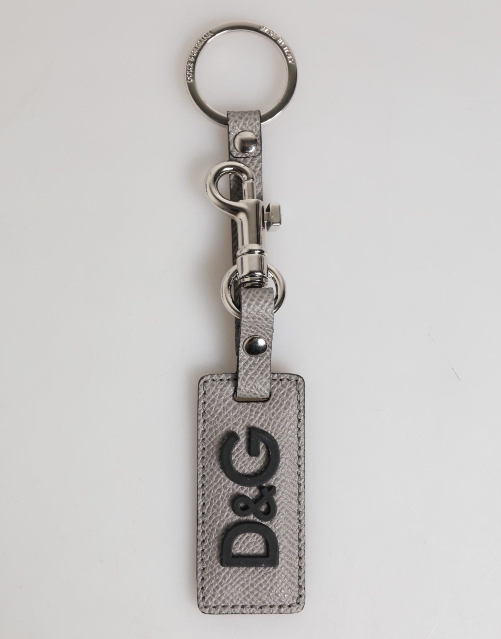 Dolce & Gabbana Gray Leather Logo Metal Ring Keychain Holder