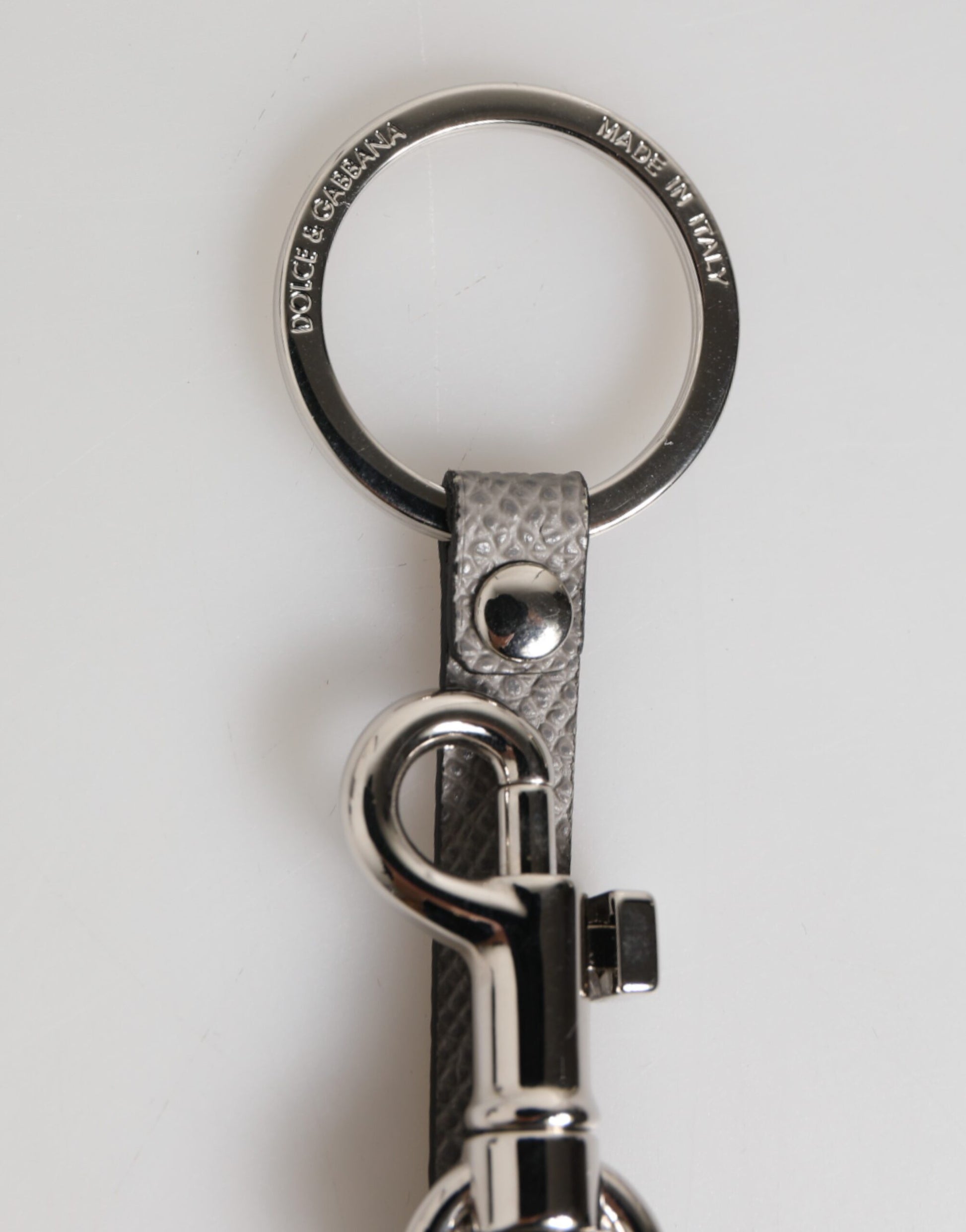 Dolce & Gabbana Gray Leather Logo Metal Ring Keychain Holder