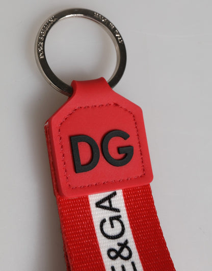 Dolce & Gabbana Red Logo Polyester Silver Brass Keychain