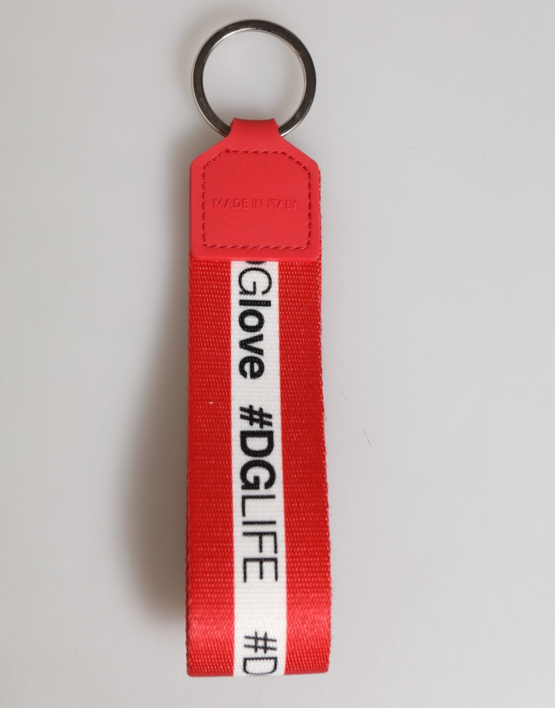 Dolce & Gabbana Red Logo Polyester Silver Brass Keychain