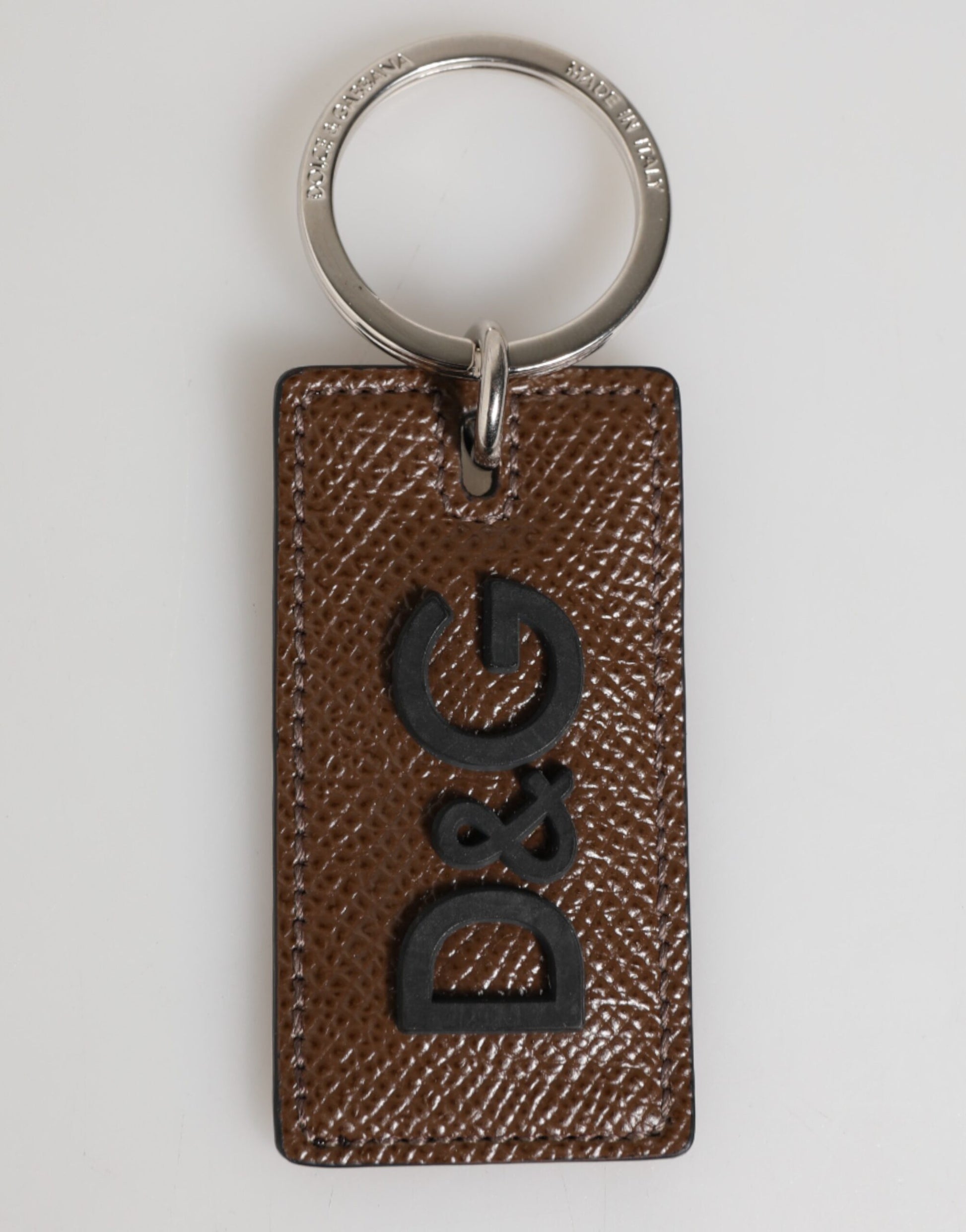 Dolce & Gabbana Dark Brown Leather Logo Metal Ring Keychain Holder
