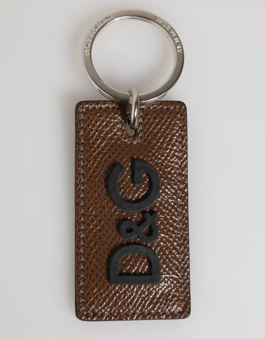 Dolce & Gabbana Dark Brown Leather Logo Metal Ring Keychain Holder