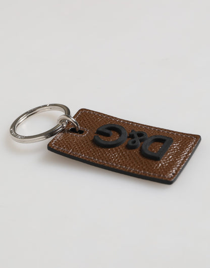 Dolce & Gabbana Dark Brown Leather Logo Metal Ring Keychain Holder