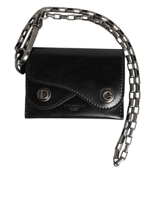 Dolce & Gabbana Black Cavallo Leather Wallet Chain Snap Bifold Card Holder