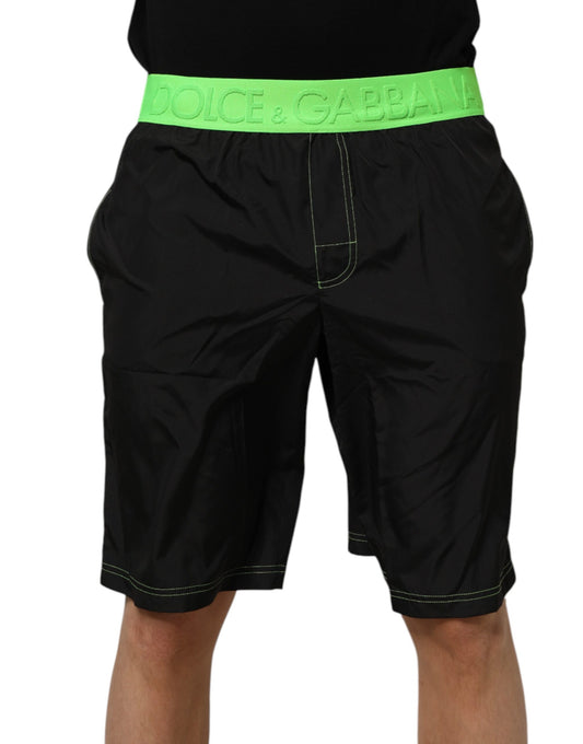 Dolce & Gabbana Black Green Logo Waistband Beachwear Shorts