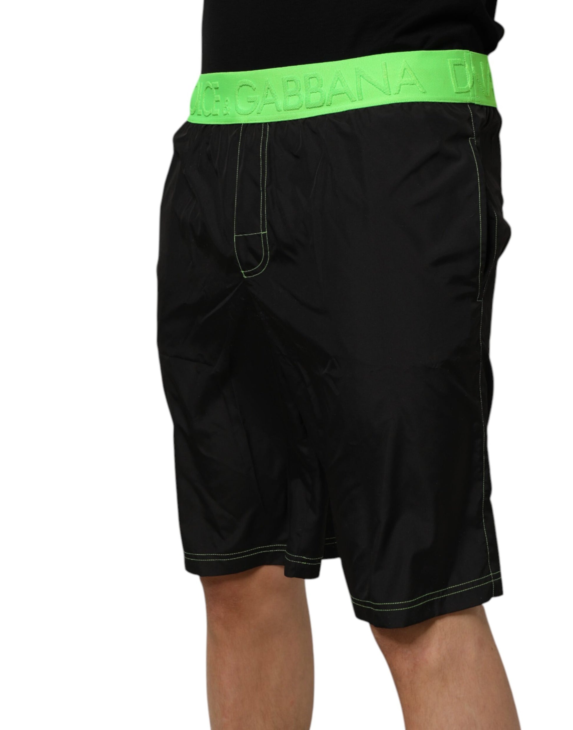 Dolce & Gabbana Black Green Logo Waistband Beachwear Shorts