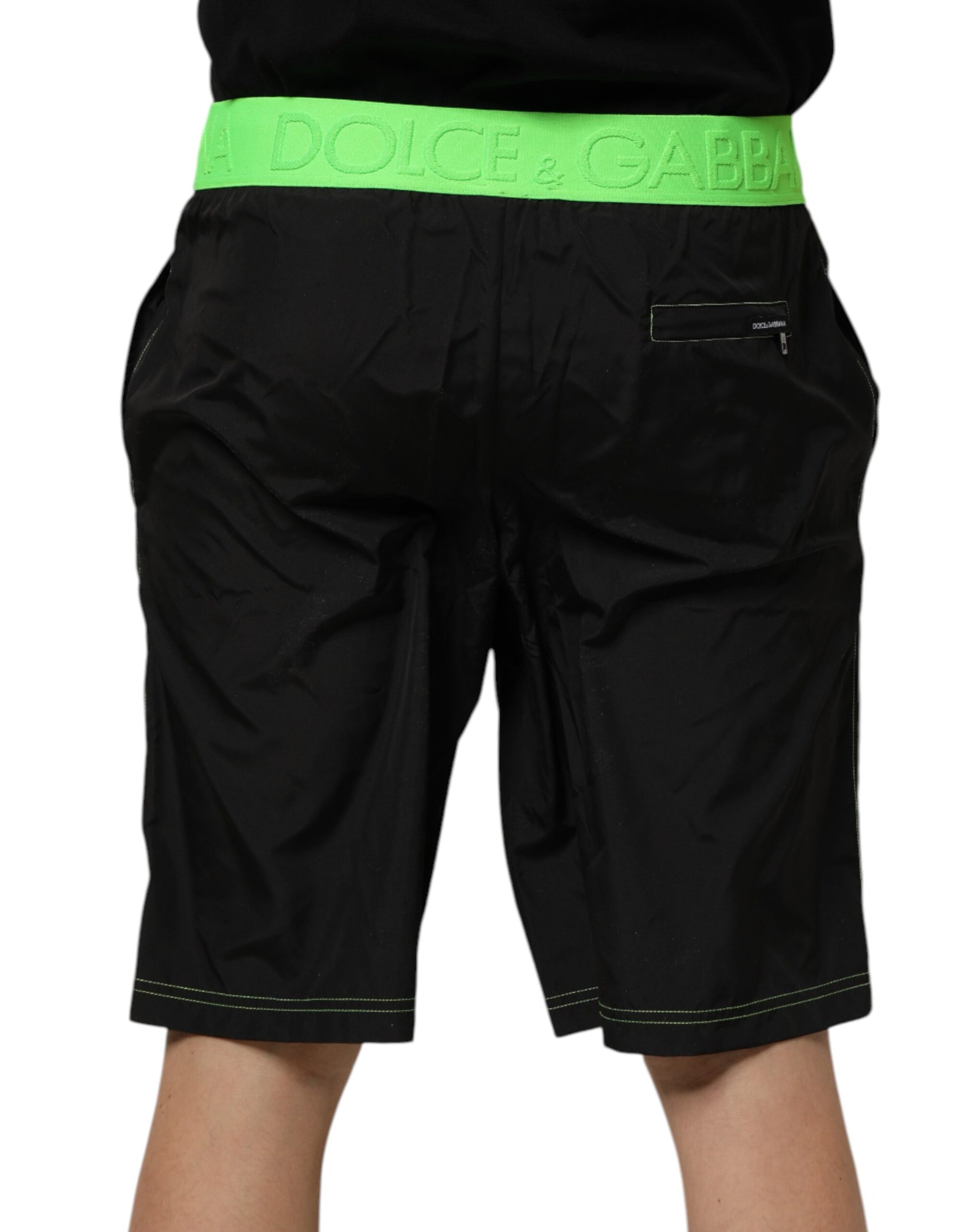 Dolce & Gabbana Black Green Logo Waistband Beachwear Shorts