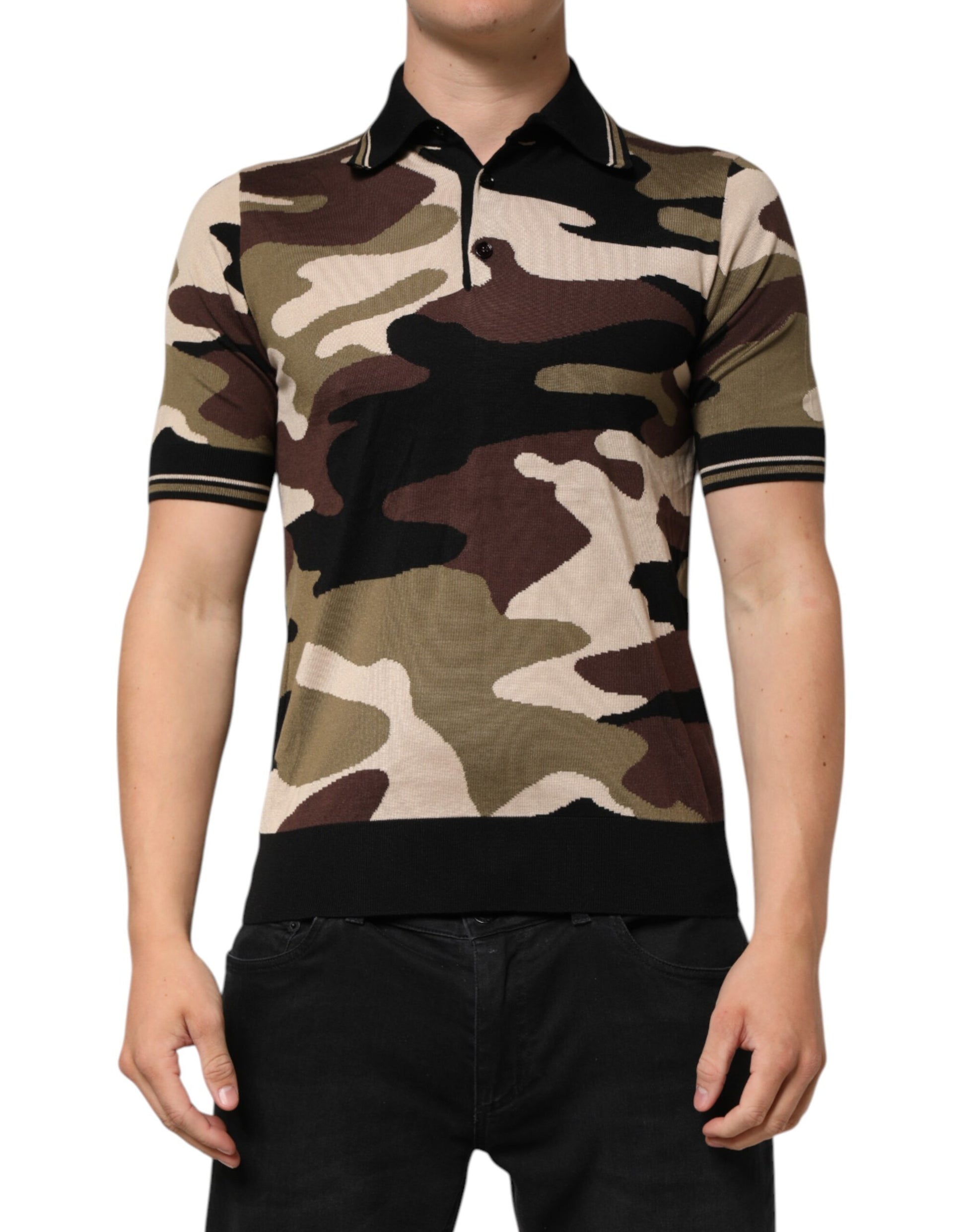 Dolce & Gabbana Camouflage Brown Silk Military Polo T-shirt