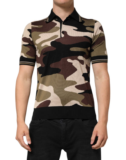 Dolce & Gabbana Camouflage Brown Silk Military Polo T-shirt