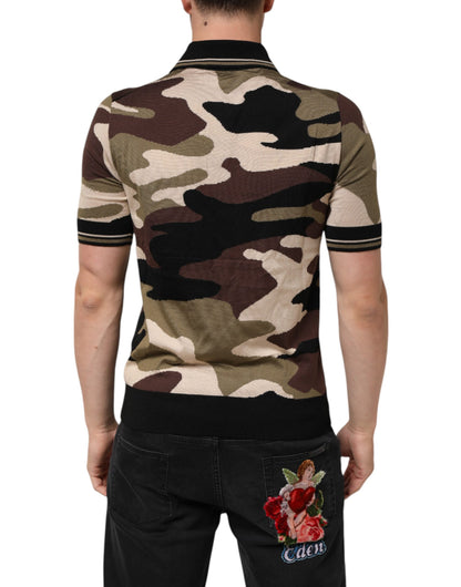 Dolce & Gabbana Camouflage Brown Silk Military Polo T-shirt
